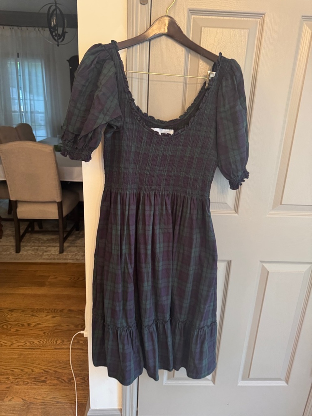 Hill house Smocked Plaid Puff Sleeve Midi Dress in Black watch plaid